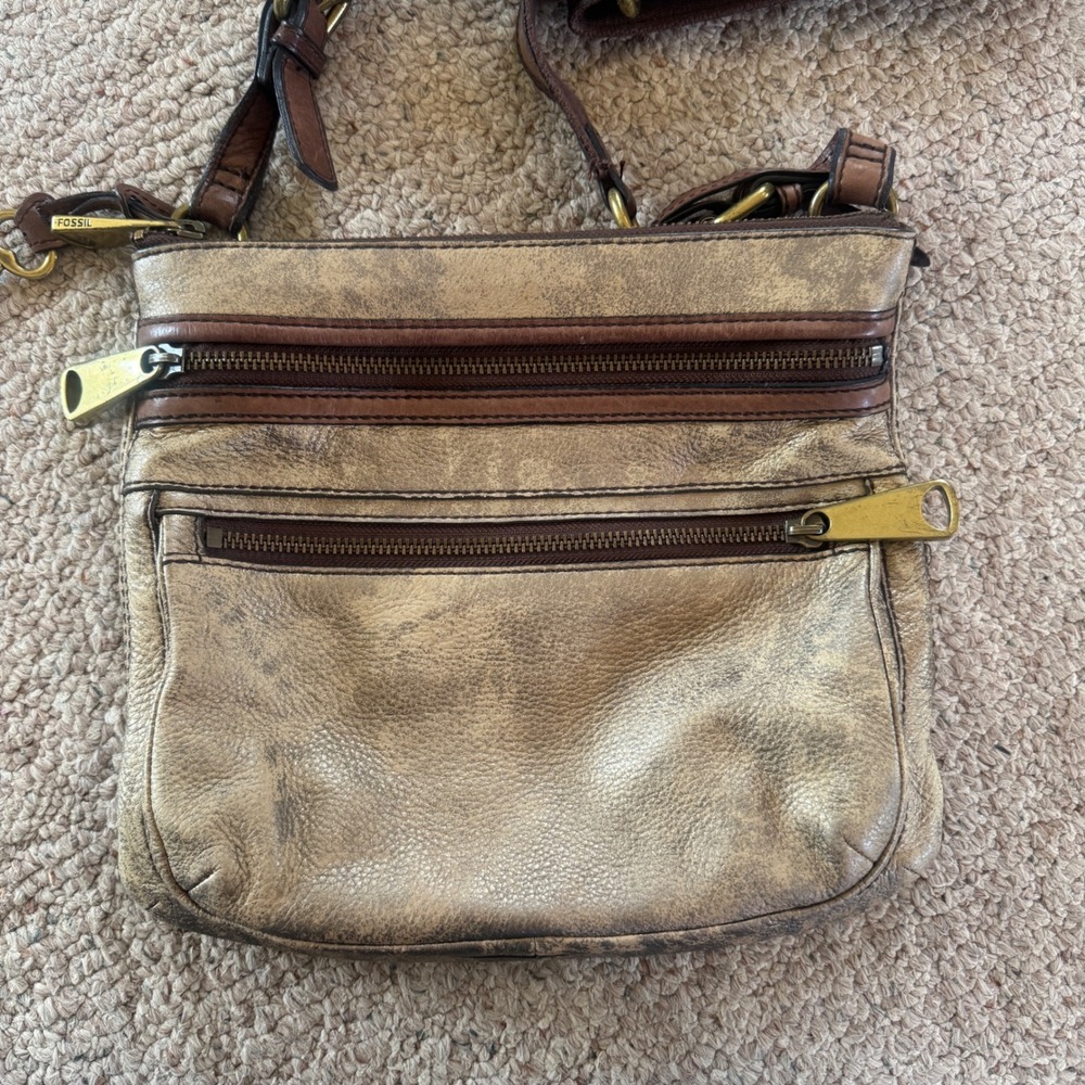 Fossil Crossbody Bag Brown Distressed Leather Metallic Faded Vintage Style Bag - Picture 6 of 11